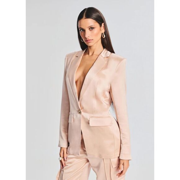 NWT Retrofête Silky Satin One Button Leo Blazer in Dusty Peach Pink Size Small - Picture 2 of 15